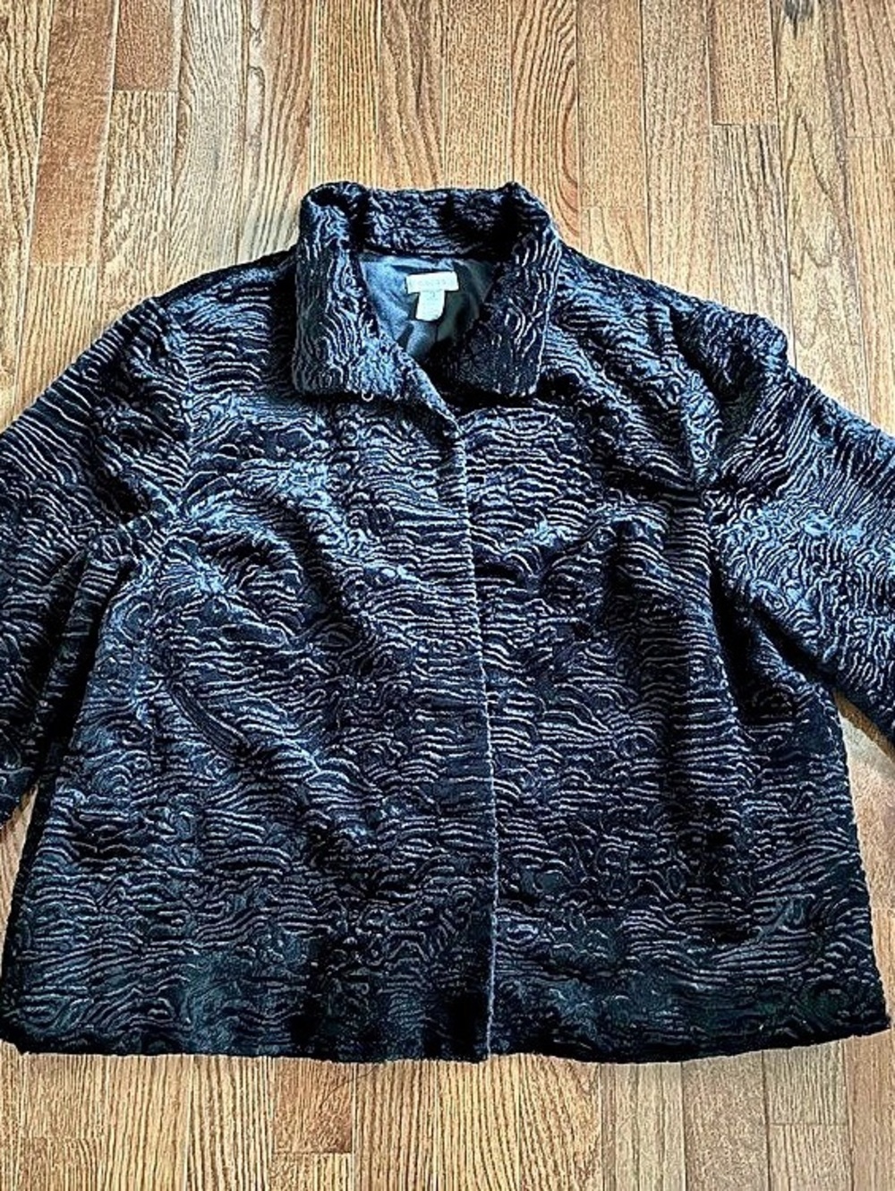 Chico's Black Faux Caracul Lamb Swakara Fur Short Swing Jacket Coat Size XL